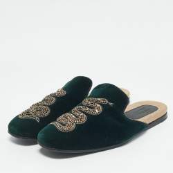 Gucci Dark Green Velvet Crystal Embellished Snake Flat Mules Size 43
