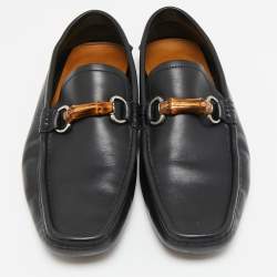 Gucci Black Leather Bamboo Horsebit Web Detail Loafers Size 43