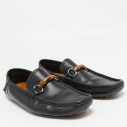 Gucci Black Leather Bamboo Horsebit Web Detail Loafers Size 43
