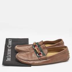 Gucci Brown Leather Bamboo Horsebit Web Detail Loafers Size 42