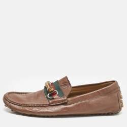 Gucci Brown Leather Bamboo Horsebit Web Detail Loafers Size 42