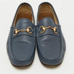 Gucci Navy Blue Leather Horsebit Detail Slip On Loafers Size 42.5