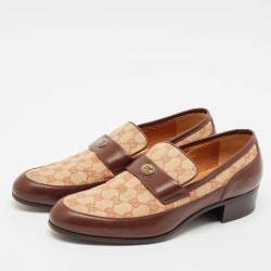 Gucci Beige/Brown Canvas and Leather GG Slip On Loafers Size 43