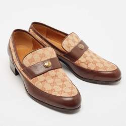 Gucci Beige/Brown Canvas and Leather GG Slip On Loafers Size 43