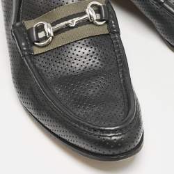 Gucci Black Perforated Leather Horsebit Web Slip On Loafers Size 42.5