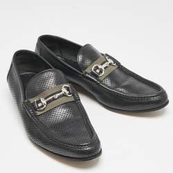 Gucci Black Perforated Leather Horsebit Web Slip On Loafers Size 42.5