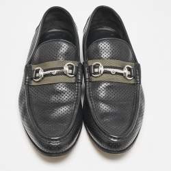 Gucci Black Perforated Leather Horsebit Web Slip On Loafers Size 42.5