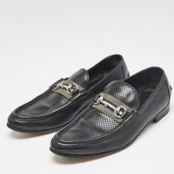 Gucci Black Perforated Leather Horsebit Web Slip On Loafers Size 42.5