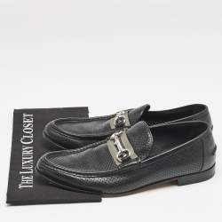 Gucci Black Perforated Leather Horsebit Web Slip On Loafers Size 42.5