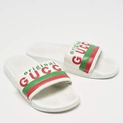 Gucci White Leather Original Flat Slides Size 43
