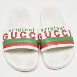 Gucci White Leather Original Flat Slides Size 43
