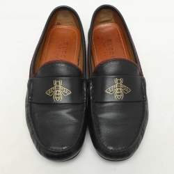 Pre Owned Gucci Black Leather Bee Loafers Size 42
