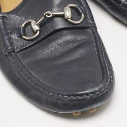 Gucci Navy Blue Leather Web Horsebit Loafers Size 42.5