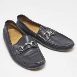 Gucci Navy Blue Leather Web Horsebit Loafers Size 42.5