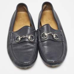Gucci Navy Blue Leather Web Horsebit Loafers Size 42.5