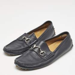 Gucci Navy Blue Leather Web Horsebit Loafers Size 42.5