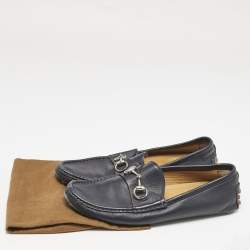 Gucci Navy Blue Leather Web Horsebit Loafers Size 42.5