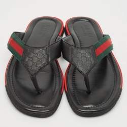 مملوكة مسبقًا Gucci Black Leather Web Thong Flats Size 44