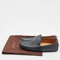 Gucci Navy Blue Microguccisma Leather Slip On Loafers Size 41