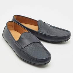Gucci Navy Blue Microguccisma Leather Slip On Loafers Size 41
