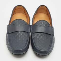 Gucci Navy Blue Microguccisma Leather Slip On Loafers Size 41