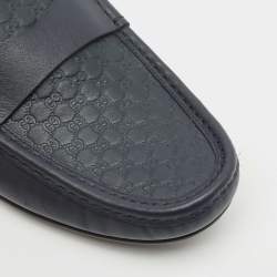 Gucci Navy Blue Microguccisma Leather Slip On Loafers Size 41