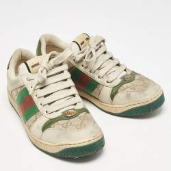 Pre Owned Gucci Beige/Green GG Canvas And Nubuck Leather Screener Low Top Sneakers Size 39