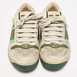 Pre Owned Gucci Beige/Green GG Canvas And Nubuck Leather Screener Low Top Sneakers Size 39