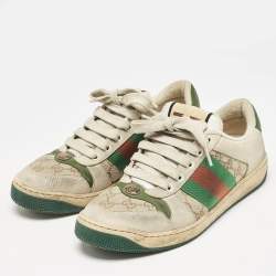 Pre Owned Gucci Beige/Green GG Canvas And Nubuck Leather Screener Low Top Sneakers Size 39
