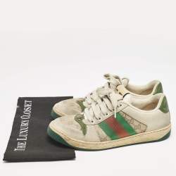 Pre Owned Gucci Beige/Green GG Canvas And Nubuck Leather Screener Low Top Sneakers Size 39