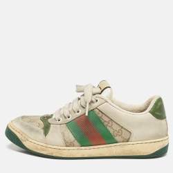 Pre Owned Gucci Beige/Green GG Canvas And Nubuck Leather Screener Low Top Sneakers Size 39