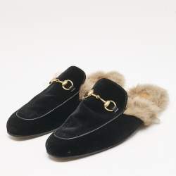 Gucci Black Fur and Velvet Princetown Mules Size 43