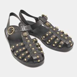 Gucci Black Rubber GG Marmont Crystal Embellishments Caged Flat Sandals Size 40