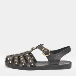 Gucci Black Rubber GG Marmont Crystal Embellishments Caged Flat Sandals Size 40