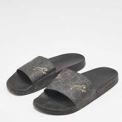 Gucci Black GG Supreme Canvas Tiger Pool Slides Size 41