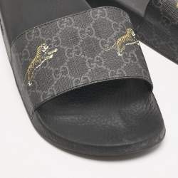 Gucci Black GG Supreme Canvas Tiger Pool Slides Size 41