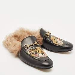 Gucci Black  Leather And Fur Princetown Mule Sandals Size 41.5