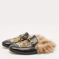 Gucci Black  Leather And Fur Princetown Mule Sandals Size 41.5