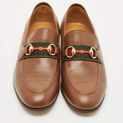 Pre Owned حذاء لوفرز غوتشي هورسبيت ويب جلد بني داكن سليب أون مقاس 41.5