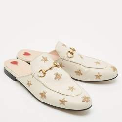Gucci Cream Leather Princetown Embellished Horsebit Flat Mules Size 41.5