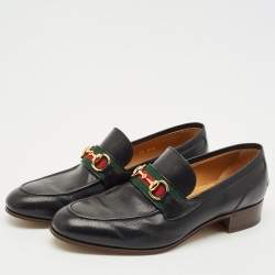 مملوكة مسبقًا Gucci Black Leather Web Stripe Horsebit Loafers Size 41.5
