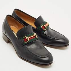 مملوكة مسبقًا Gucci Black Leather Web Stripe Horsebit Loafers Size 41.5