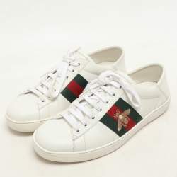 Gucci White Leather Ace Bee Embroidered Low Top Sneakers Size 40.5