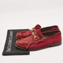 Gucci Red Suede Fringe Slip On Loafers Size 40