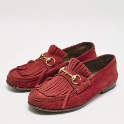 Gucci Red Suede Fringe Slip On Loafers Size 40