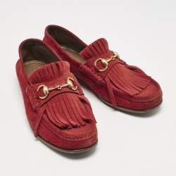Gucci Red Suede Fringe Slip On Loafers Size 40