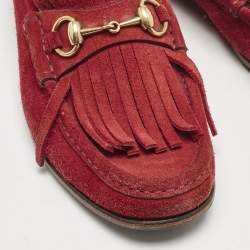 Gucci Red Suede Fringe Slip On Loafers Size 40