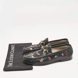 Gucci Black Embroidered Leather 1953 Horsebit Loafers Size 40.5