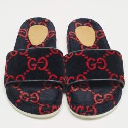 Gucci Navy Blue/Red GG Velvet Flat Slide Sandals Size 41