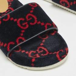 Gucci Navy Blue/Red GG Velvet Flat Slide Sandals Size 41